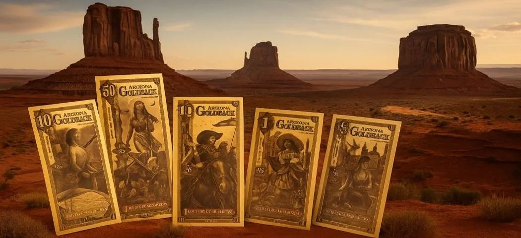 Arizona Goldback denominations displayed in a Monument Valley setting